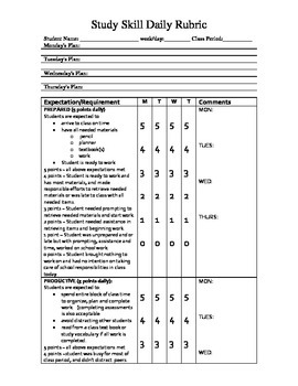 Preview of Study Skills Student Grading Rubric