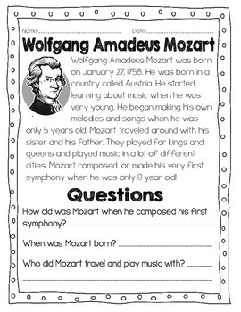 Mozart Reading Worksheet