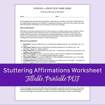 Preview of Stuttering Affirmations Worksheet for Speech Therapy | Editable, Fillable PDF