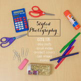 Styled Stock Photo: Wood desk with school supplies (Comm Use OK)