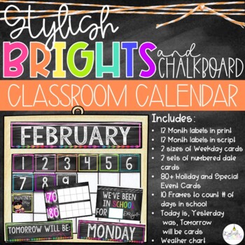 Preview of Stylish Brights and Chalkboard | Classroom Calendar Set