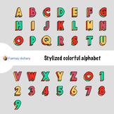 Stylized colorful alphabet and numbers