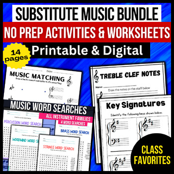 Preview of Sub Music Teacher Bundle → No Prep Activities & Worksheets (Digital & Printable)