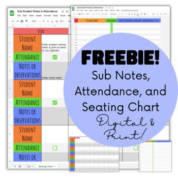 Preview of Sub Notes, Attendance Tracker, & Seating Chart | Digital Google Sheets