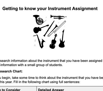 Preview of Sub Plan: Getting To Know Your Instrument (Research Project) *with* Rubric