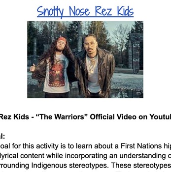 Preview of Sub Plan: Truth and Reconciliation: Listening to Snotty Nose Rez Kids "Warriors"