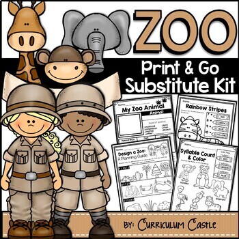 Preview of Sub Plans: Zoo Math & Literacy Activities Substitute Kit