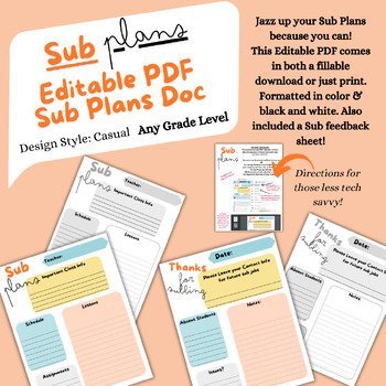 Preview of Sub Plans Editable Doc: PDF Substitute Lesson Plan Printable