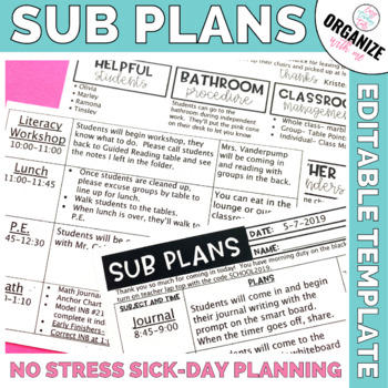 Preview of Sub Plans Template Editable PDF and Google Slides