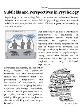 Subfields Perspectives in Psychology open and multiple choice questions