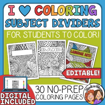 Preview of Coloring Pages - Subject Dividers and Binder Covers - Editable Version!