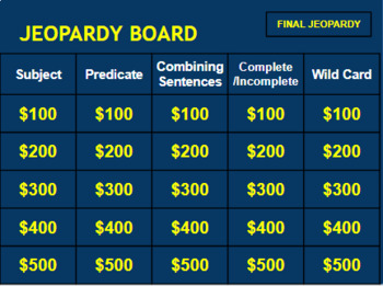 Preview of Subject/Predicate & Complete Sentences *Jeopardy Review Game*