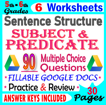 Preview of Subject, Predicate, Objects, Types of sentences Worksheets. 5th-6th Grade ELA