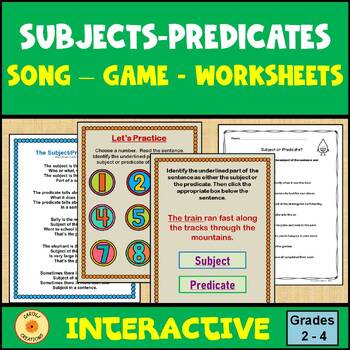 Preview of Subject Predicate Game, Worksheets and Song PowerPoint Easel Ready Worksheets