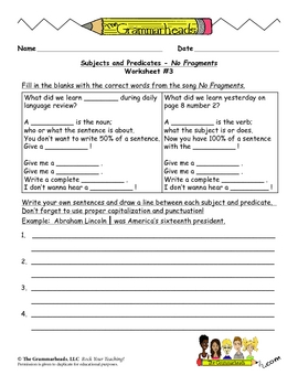 Preview of Subject & Predicate Worksheet Packet and Lesson Plan - 8 pages plus answer key