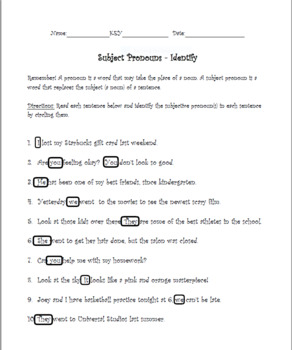 Subject Pronoun Packet By Reese S Sixth Grade Resources Tpt