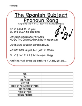 Preview of Subject Pronoun Spanish Song Lyrics and Activity