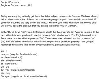 Preview of Subject Pronouns & Conjugation - Beginner German #8