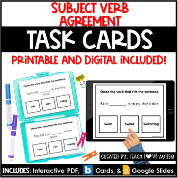 Preview of Subject Verb Agreement | Grammar | Reading Printable Task Cards | Boom Cards
