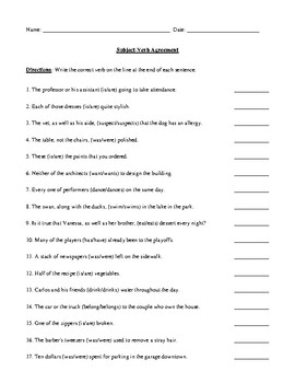 Preview of Subject-Verb Agreement: Review Worksheet (or Test) with Detailed Answer Key
