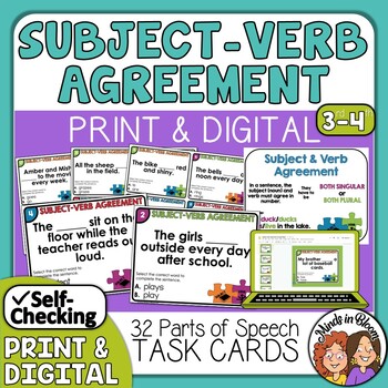 Preview of Subject Verb Agreement Task Cards | Print & Digital | Parts of Speech
