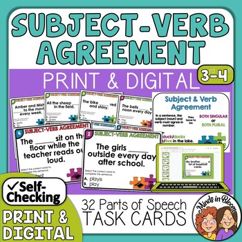 Preview of Subject Verb Agreement Task Cards Worksheet, Anchor Chart Challenge Card, Poster