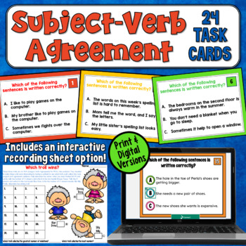 Preview of Subject-Verb Agreement Task Cards: Proofreading Practice with Basic Rules