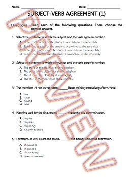 Preview of Subject Verb Agreement Worksheets, Tenses, & Verbals MCQs. 6-8th Grade ELA. PDF