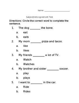 Preview of Subject/Verb Agreement Test