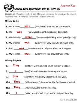 Subject-Verb Agreement: Was vs. Were by Jacob Lightbody | TpT