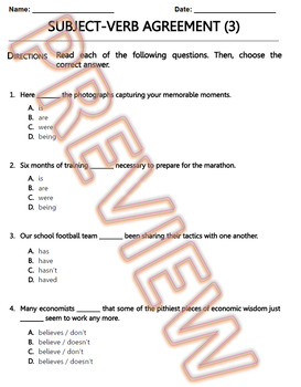 Preview of Subject Verb Agreement Worksheet. ELA Pracrice and Review. G.Doc (3/6)