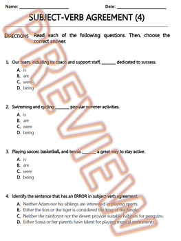 Preview of Subject Verb Agreement Worksheet. ELA Pracrice and Review. G.Doc (4/6)