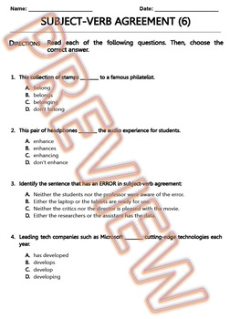Preview of Subject Verb Agreement Worksheet. ELA Pracrice and Review. G.Doc (6/6)