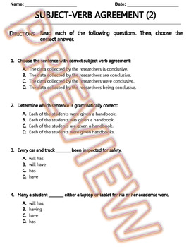 Preview of Subject Verb Agreement Worksheet. ELA Pracrice and Review. W.Doc (2/6)