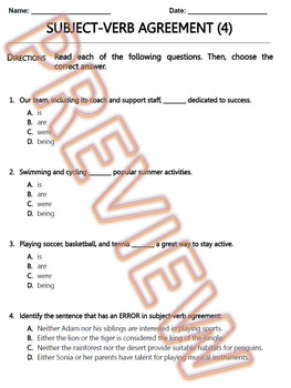 Preview of Subject Verb Agreement Worksheet. ELA Pracrice and Review. W.Doc (4/6)