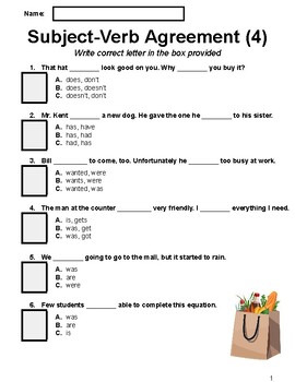 Preview of Subject Verb Agreement Worksheets Multiple Choice Worksheet 4 (Grade 5-6)
