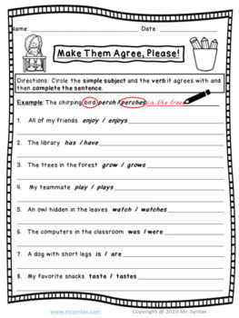 subject verb agreement worksheets and assessment by mister syntax