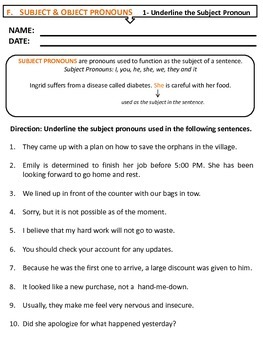 Subject and Object Pronoun Worksheets by Fun Brainy Days | TpT