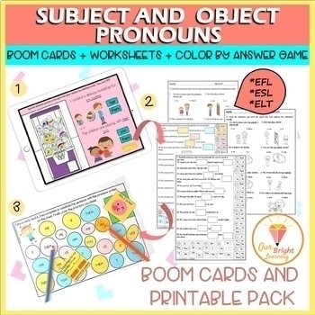 Preview of ESL |ESOL | Subject and Object Pronouns | BOOM Cards | Color by Answer Game