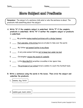 Subject and Predicate - FUN Worksheets! with Answer Keys by Rachel Lynette