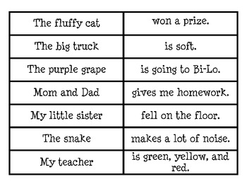 Subject and Predicate Posters, Word Card Activities, and Worksheets