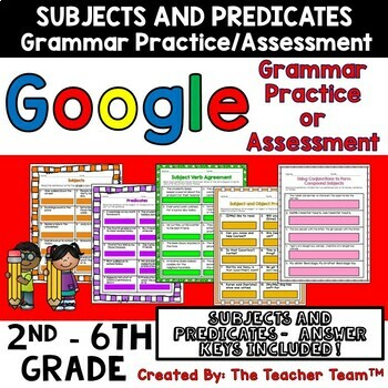 Preview of Subject and Predicate Practice or Assessment Worksheets | Google Slides