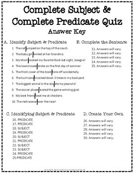Subject and Predicate Test: 2-Page Complete Subject and Complete