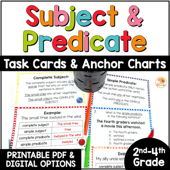 Preview of Subject and Predicate Anchor Charts & Task Cards Activities: 2nd, 3rd, 4th Grade