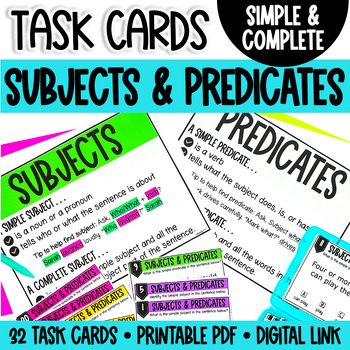 Preview of Subject and Predicate Task Cards & Posters | Simple & Complete 