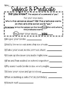 Subject and Predicate Worksheets Command Sentences - You as the Subject!!!