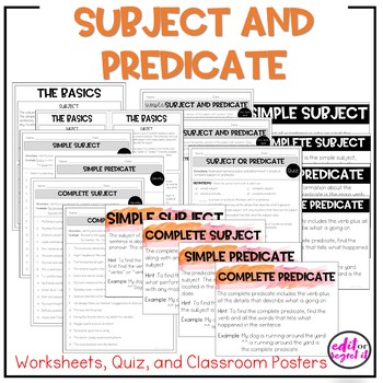 Preview of Subject and Predicate Simple and Complete Worksheets Quiz and Posters
