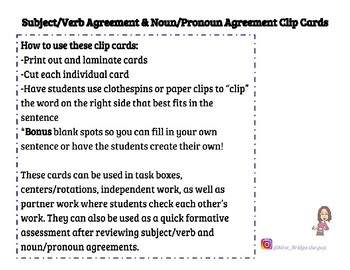 Subject And Verb Noun And Pronoun Agreement Clip Cards By Missbridgethegap