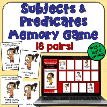 Preview of Subjects and Predicates Memory Game in Print and Digital