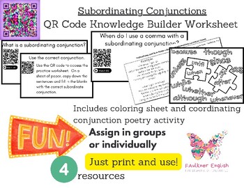 Preview of Subordinating Conjunctions QR Code Exploration worksheet printable grammar